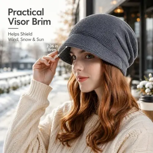 Women Slouchy Knit Hat Winter Warm Fleece Lined Beanie Hat Stretchy Skull Cap with Visor Brim - 5