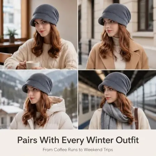 Women Slouchy Knit Hat Winter Warm Fleece Lined Beanie Hat Stretchy Skull Cap with Visor Brim - 6