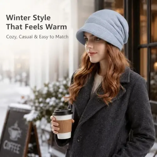 Women Slouchy Knit Hat Winter Warm Fleece Lined Beanie Hat Stretchy Skull Cap with Visor Brim - WOMEN (1)