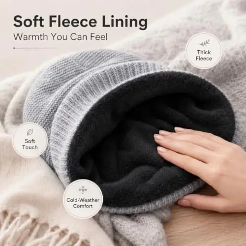 Women Slouchy Knit Hat Winter Warm Fleece Lined Beanie Hat Stretchy Skull Cap with Visor Brim - 3