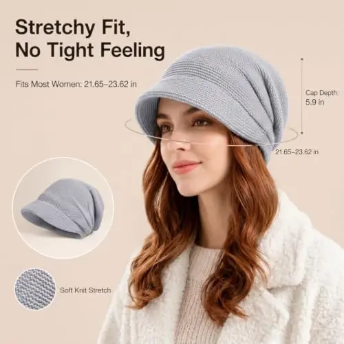 Women Slouchy Knit Hat Winter Warm Fleece Lined Beanie Hat Stretchy Skull Cap with Visor Brim - 4