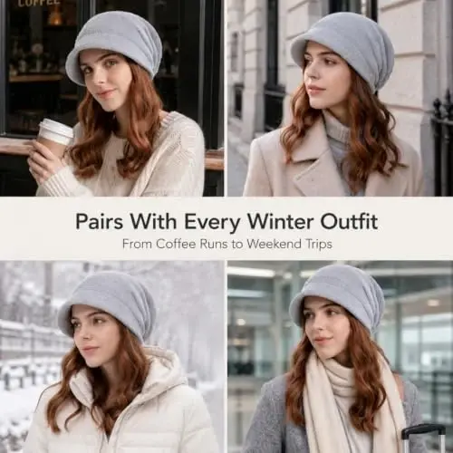 Women Slouchy Knit Hat Winter Warm Fleece Lined Beanie Hat Stretchy Skull Cap with Visor Brim - 6