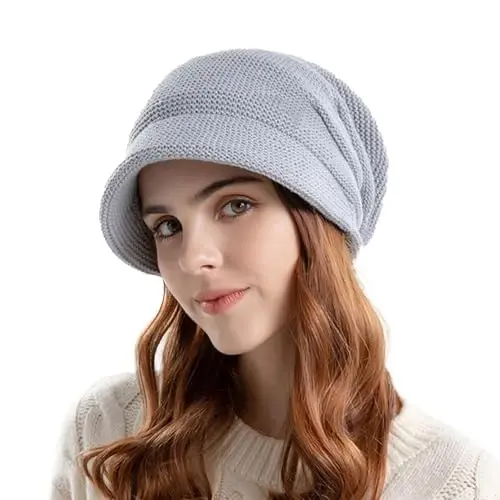 Women Slouchy Knit Hat Winter Warm Fleece Lined Beanie Hat Stretchy Skull Cap with Visor Brim 