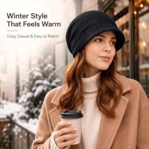 Women Slouchy Knit Hat Winter Warm Fleece Lined Beanie Hat Stretchy Skull Cap with Visor Brim - WOMEN (1)