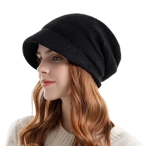 Women Slouchy Knit Hat Winter Warm Fleece Lined Beanie Hat Stretchy Skull Cap with Visor Brim - WOMEN