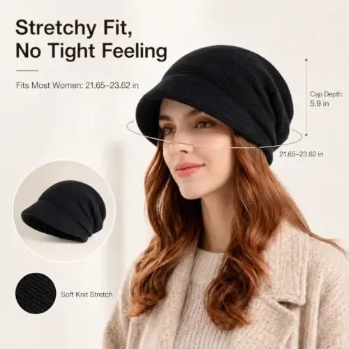 Women Slouchy Knit Hat Winter Warm Fleece Lined Beanie Hat Stretchy Skull Cap with Visor Brim - 4