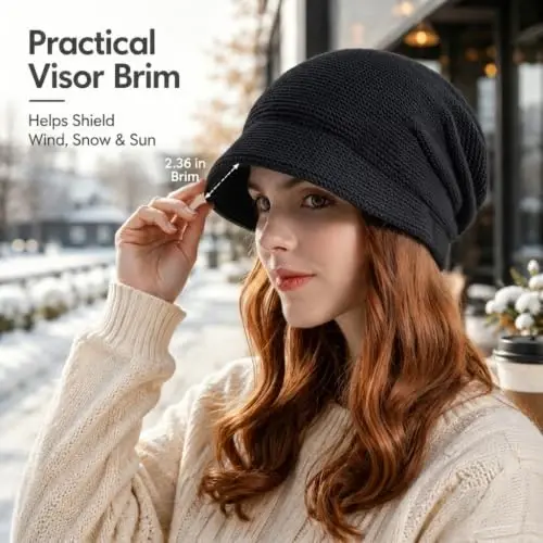 Women Slouchy Knit Hat Winter Warm Fleece Lined Beanie Hat Stretchy Skull Cap with Visor Brim - 5