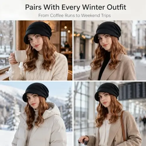 Women Slouchy Knit Hat Winter Warm Fleece Lined Beanie Hat Stretchy Skull Cap with Visor Brim - 6