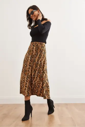 Women Snake Stone Waist Belted Suede Textured Bell Skirt - 4
