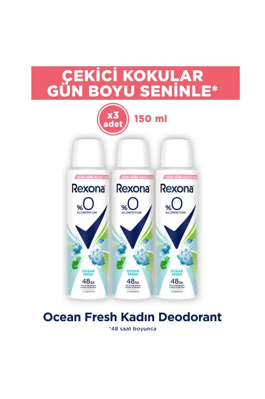 Women Spray Deodorant Ocean Fresh 0% Aluminum 48 Hours Anti-perspirant Protection 150 Ml X3 - REXONA