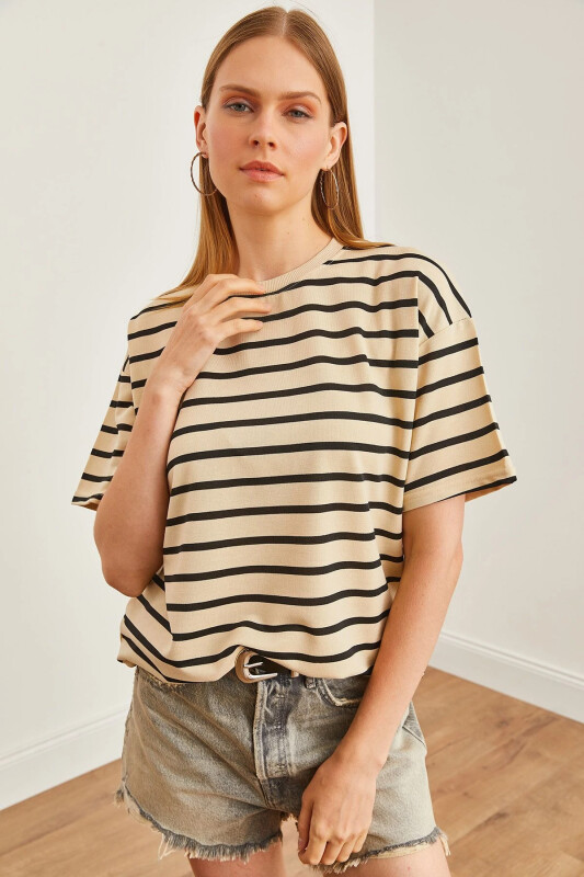 Women Stone Black Striped 2 Rope Oversize T-Shirt TSH-1 - OLALOOK