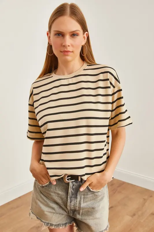 Women Stone Black Striped 2 Rope Oversize T-Shirt TSH-1 - 2