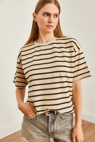 Women Stone Black Striped 2 Rope Oversize T-Shirt TSH-1 - 3