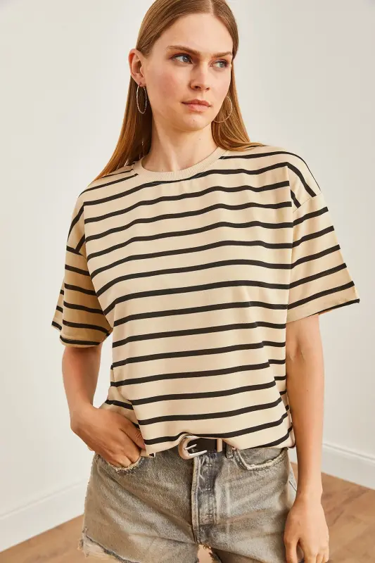 Women Stone Black Striped 2 Rope Oversize T-Shirt TSH-1 - 3