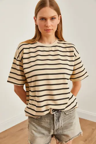 Women Stone Black Striped 2 Rope Oversize T-Shirt TSH-1 - 4