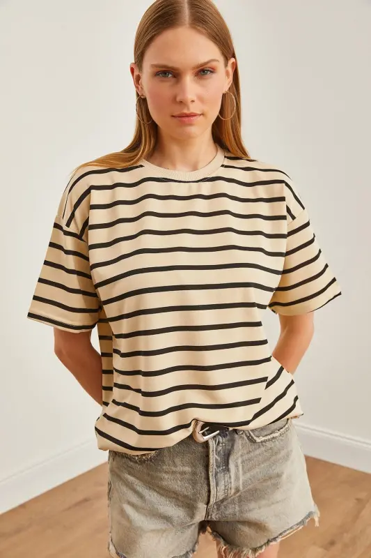 Women Stone Black Striped 2 Rope Oversize T-Shirt TSH-1 - 4