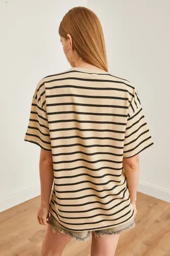Women Stone Black Striped 2 Rope Oversize T-Shirt TSH-1 - 5