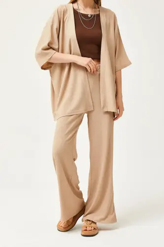 Women Stone Color Wide Leg Palazzo Pants Kimono Set-STONEWIDELEG - TRENDALISSE (1)