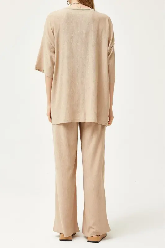 Women Stone Color Wide Leg Palazzo Pants Kimono Set-STONEWIDELEG - 3