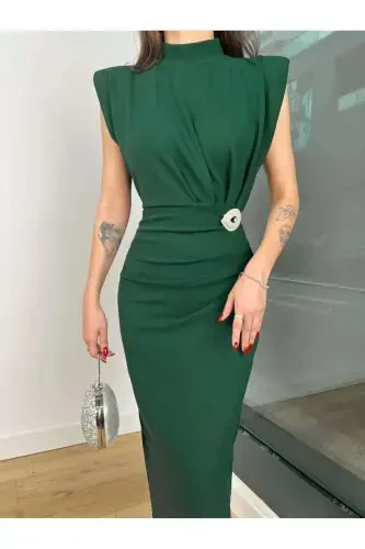 WOMEN STONE DETAILED PADDED DRESS-DARK GREEN - 1