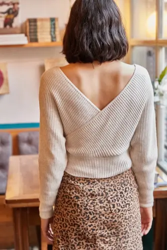 Women Stone Front Back V Neck Crop Knitwear Sweater KZK-19000076-Stone - 5
