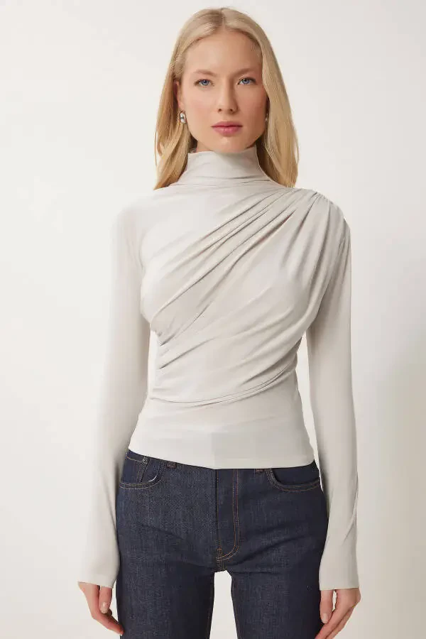 Women Stone Gather Detail Stand Collar Sandy Blouse FF00135 - 3