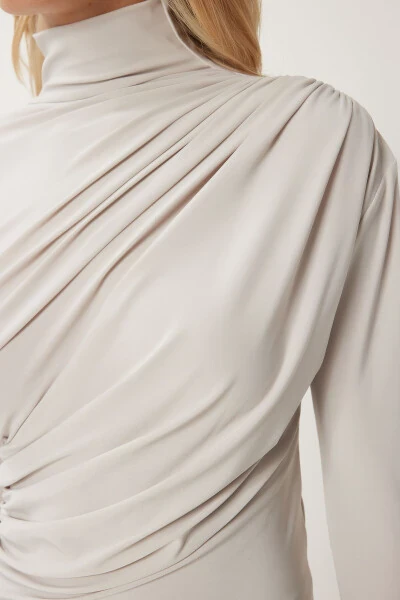 Women Stone Gather Detail Stand Collar Sandy Blouse FF00135 - 4