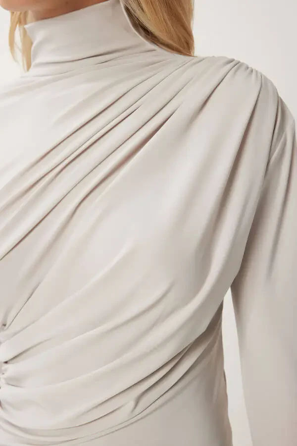 Women Stone Gather Detail Stand Collar Sandy Blouse FF00135 - 4