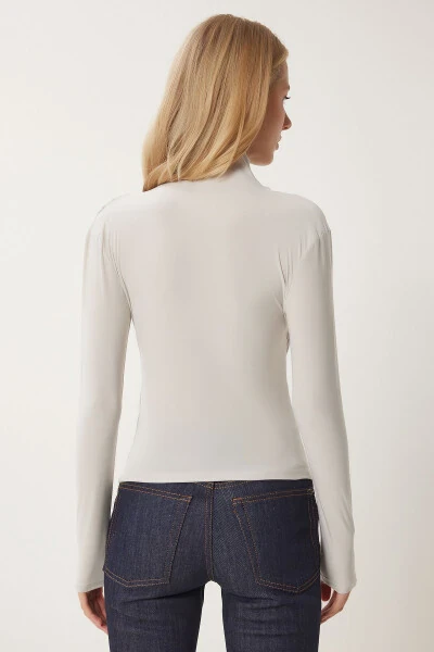 Women Stone Gather Detail Stand Collar Sandy Blouse FF00135 - 5