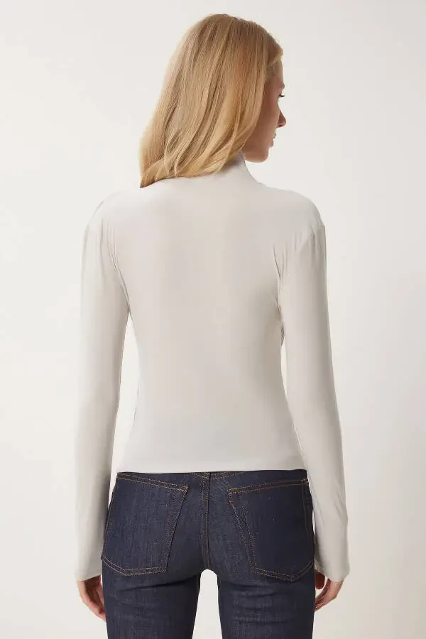 Women Stone Gather Detail Stand Collar Sandy Blouse FF00135 - 5