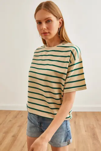 Women Stone Green Striped 2 Rope Oversize T-Shirt TSH-1 - 1