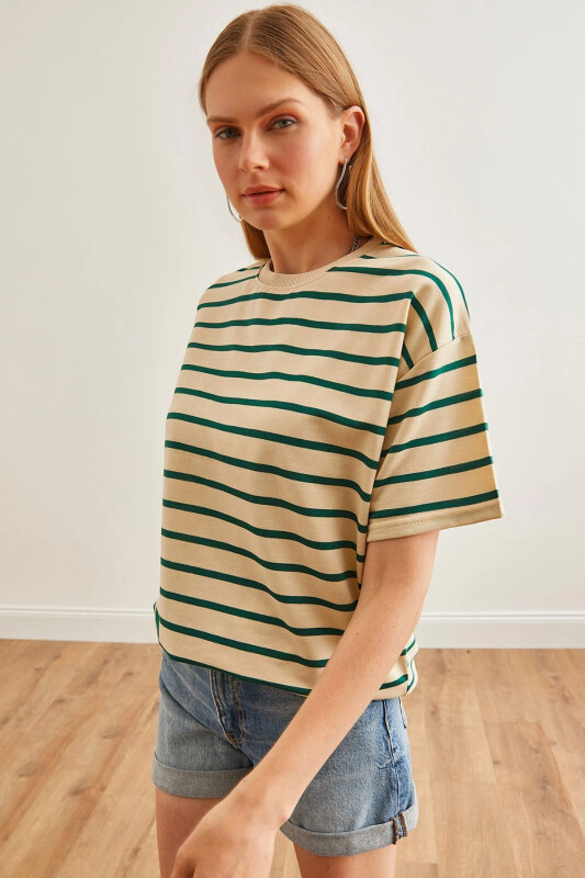 Women Stone Green Striped 2 Rope Oversize T-Shirt TSH-1 - 1