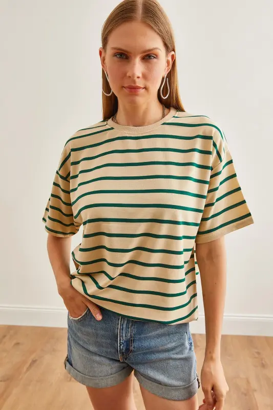 Women Stone Green Striped 2 Rope Oversize T-Shirt TSH-1 - 2