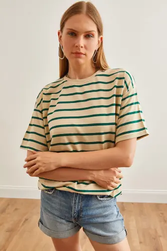 Women Stone Green Striped 2 Rope Oversize T-Shirt TSH-1 - 3