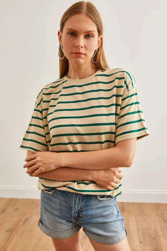 Women Stone Green Striped 2 Rope Oversize T-Shirt TSH-1 - 3