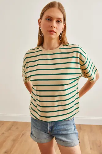 Women Stone Green Striped 2 Rope Oversize T-Shirt TSH-1 - 4