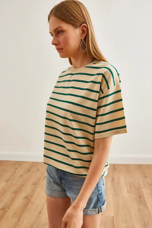 Women Stone Green Striped 2 Rope Oversize T-Shirt TSH-1 - 5
