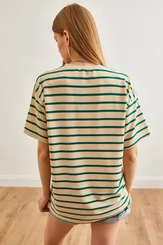 Women Stone Green Striped 2 Rope Oversize T-Shirt TSH-1 - 6