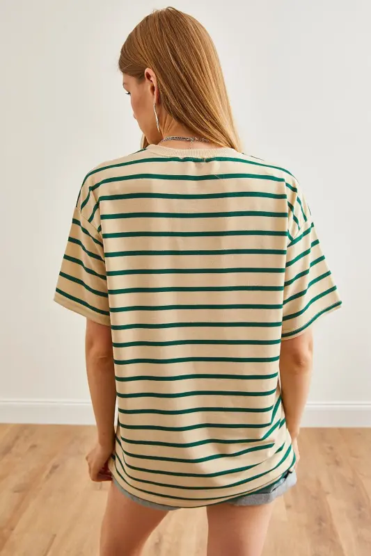 Women Stone Green Striped 2 Rope Oversize T-Shirt TSH-1 - 6