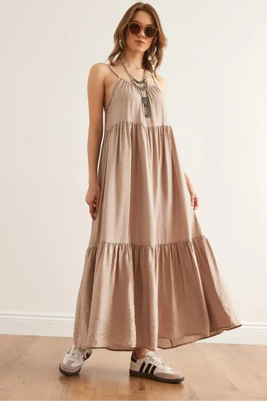 Women Stone Hanger Adjustable Patchwork Maxi Linen - 1