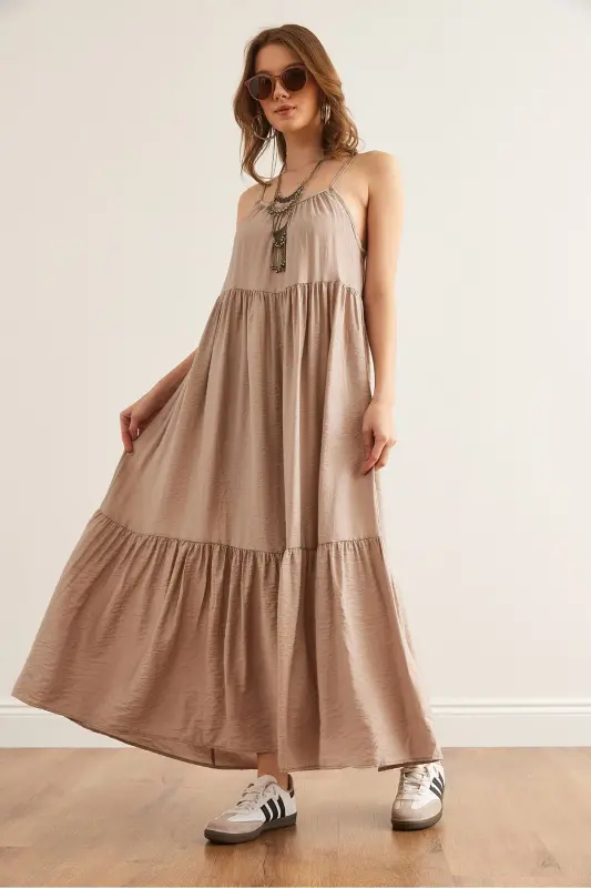 Women Stone Hanger Adjustable Patchwork Maxi Linen - 2