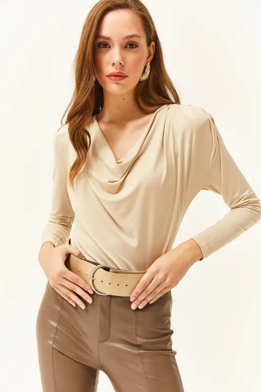 Women Stone Padded Shoulder Pleated Cowl Neck Blouse BLZ-19002419-Stone - OLALOOK
