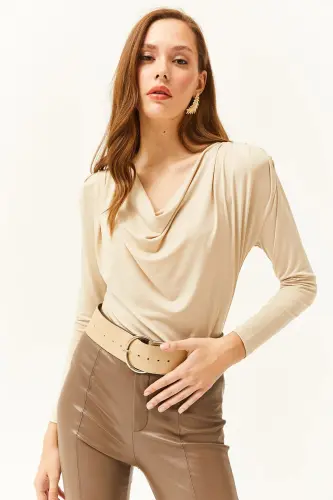 Women Stone Padded Shoulder Pleated Cowl Neck Blouse BLZ-19002419-Stone - OLALOOK (1)
