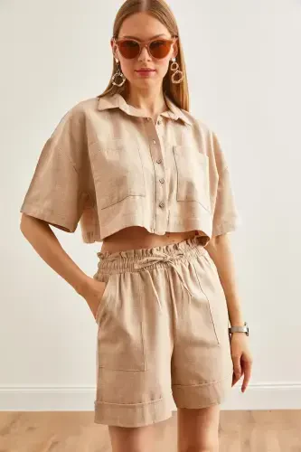 Women Stone Top Shirt with Pockets Shorts Linen Set TK - 1