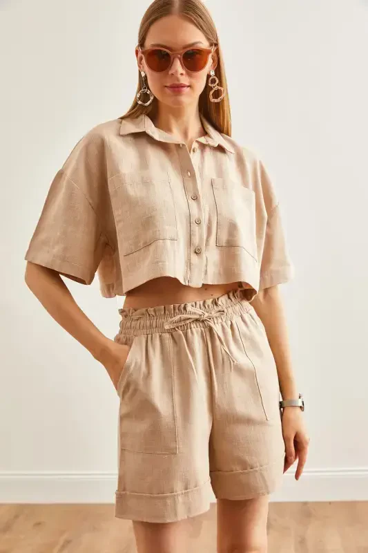 Women Stone Top Shirt with Pockets Shorts Linen Set TK - OLALOOK