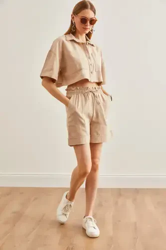 Women Stone Top Shirt with Pockets Shorts Linen Set TK - OLALOOK (1)