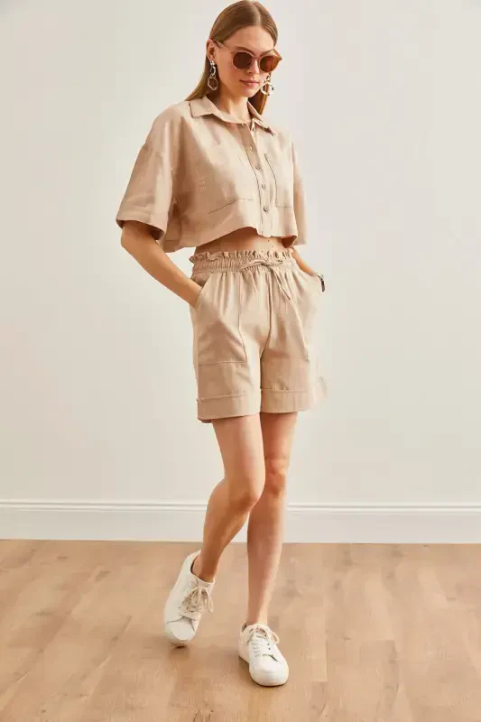 Women Stone Top Shirt with Pockets Shorts Linen Set TK - 2