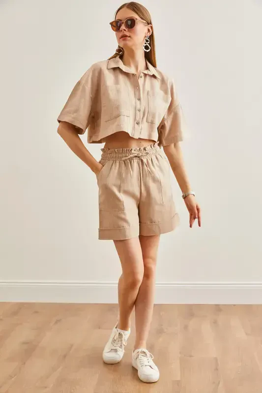 Women Stone Top Shirt with Pockets Shorts Linen Set TK - 3