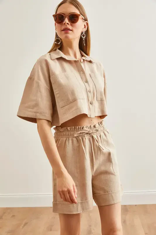 Women Stone Top Shirt with Pockets Shorts Linen Set TK - 4