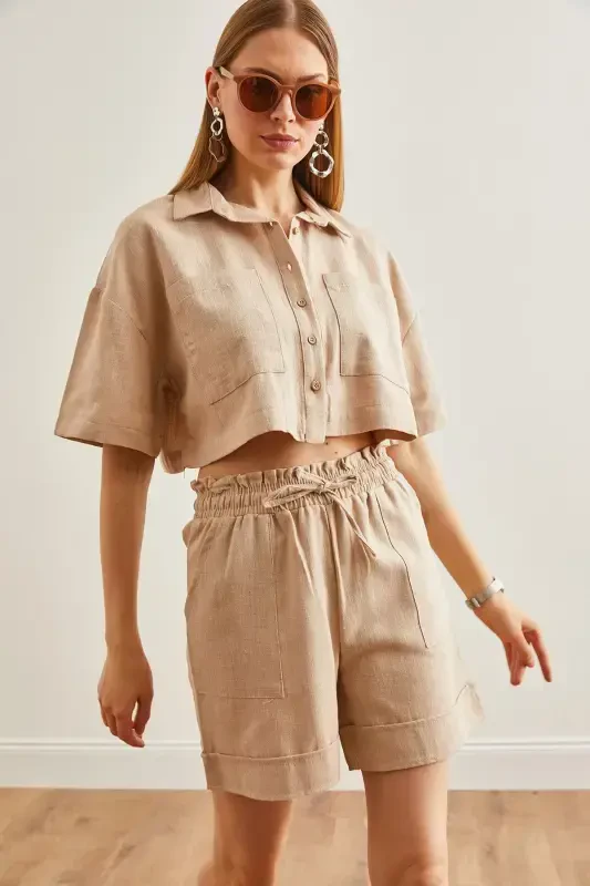 Women Stone Top Shirt with Pockets Shorts Linen Set TK - 5